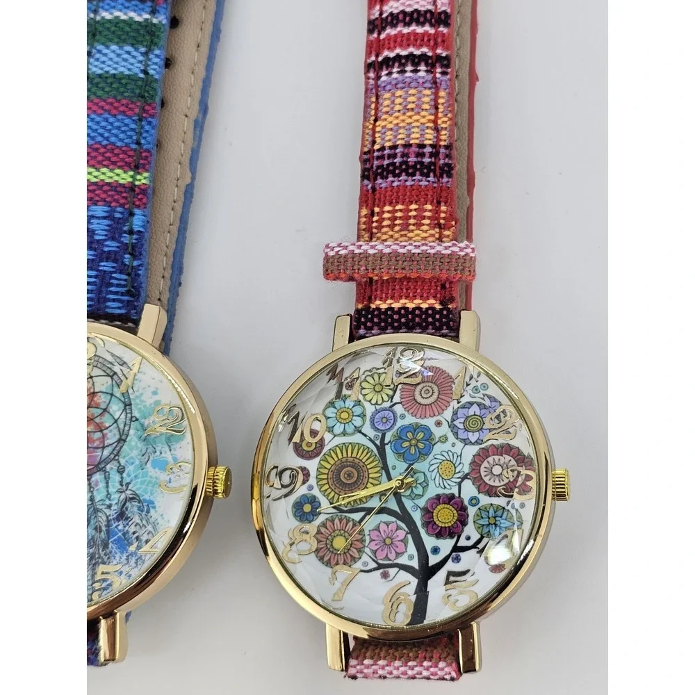2X Women Watch 38MM Multicolor‎ Dial Multicolor Leather Fabric Bands NEW Battery